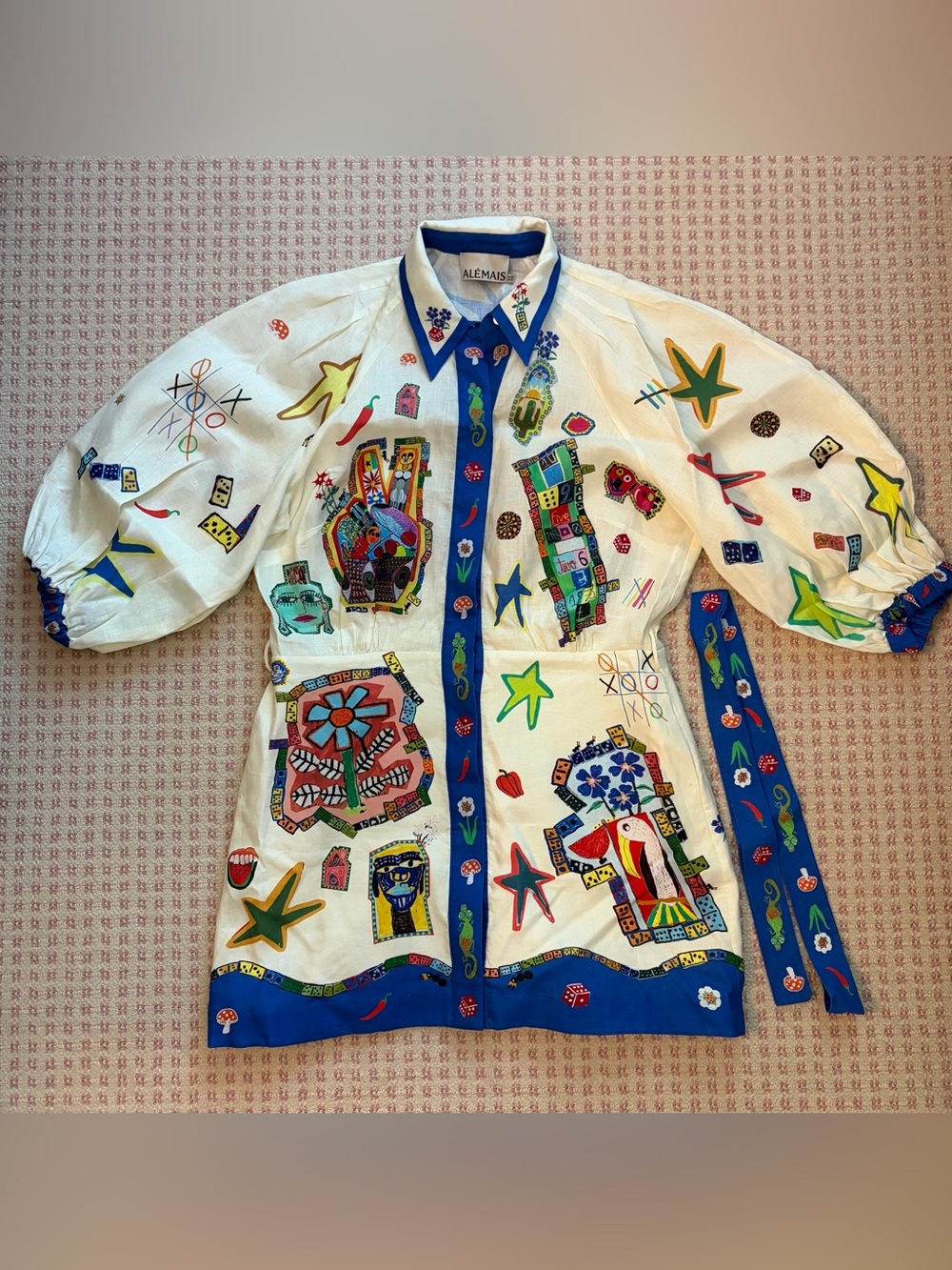 Alemais “Players Mini Dress” - White Button Down Shirt Dress with Bright Motifs